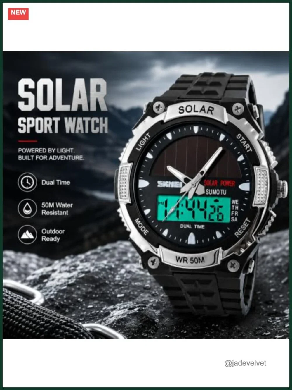 MASTOP Solar Powered Men's Digital Watch 50M Waterproof LED Multifunction